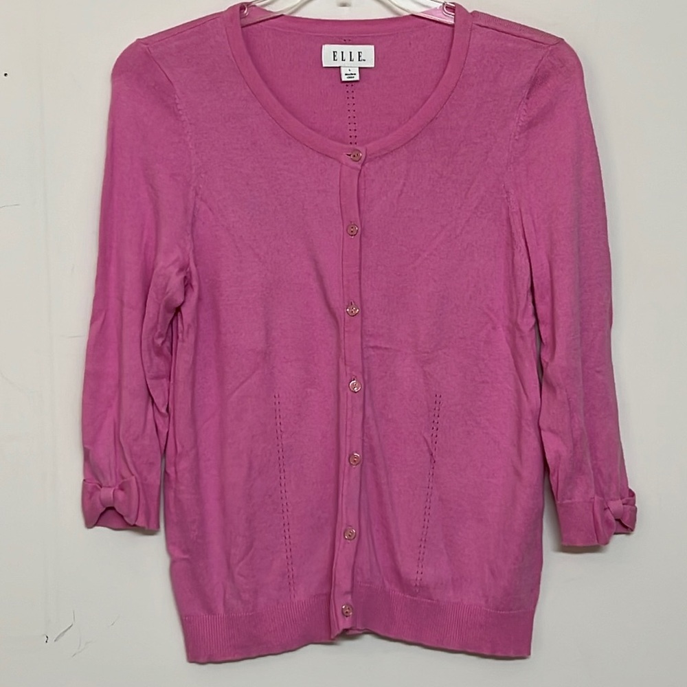 🌞 Elle Barbie core pink button up cardigan sweater 3/4 sleeves w/bows women L